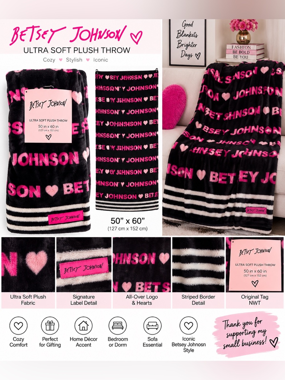 Betsey Johnson Ultra Soft Plush Throw Blanket 50x60 Logo Hearts Black Pink NWT
